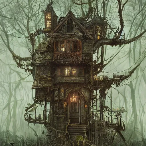 Image similar to dilapidated broken baba yagas steampunk treehouse, tucked within the witchwood forest, evil fairies, overgrown, detailed intricate ink illustration, dark atmosphere, detailed illustration, hd, 4k, digital art, overdetailed art, concept art, by greg rutkowski, by loish, complementing colors, Trending on artstation, deviantart