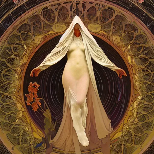 Prompt: stunning, breathtaking, awe-inspiring award-winning concept art nouveau painting of attractive Hooded figure as the goddess of the moon, with anxious, piercing eyes, by Alphonse Mucha, Michael Whelan, William Adolphe Bouguereau, John Williams Waterhouse, and Donato Giancola, cyberpunk, extremely moody lighting, glowing light and shadow, atmospheric, cinematic, 8K