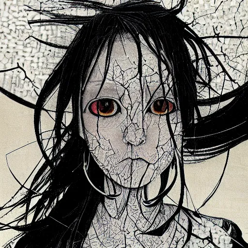 Image similar to yoshitaka amano blurry realistic illustration of an anime girl with white hair and cracks on her face wearing dress suit with tie fluttering in the wind, abstract black and white patterns on the background, upside down cross earring, noisy film grain effect, highly detailed, renaissance oil painting, weird portrait angle