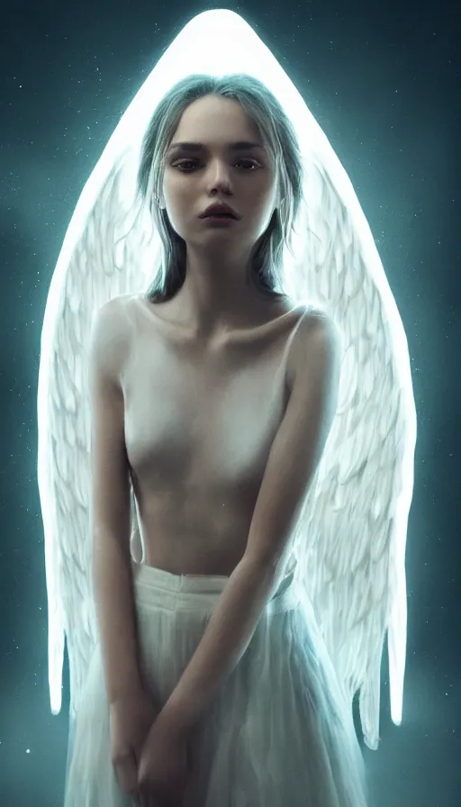 Image similar to portrait art of female angel, art by alessio albi 8 k ultra realistic, angel wings, lens flare, atmosphere, glow, detailed, intricate, full of colour, led lighting, trending on artstation, 4 k, hyperrealistic, focused, extreme details, unreal engine 5, masterpiece