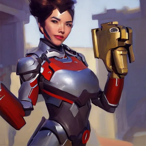 Image similar to greg manchess portrait painting of a female ironman as overwatch character, medium shot, asymmetrical, profile picture, organic painting, sunny day, matte painting, bold shapes, hard edges, street art, trending on artstation, by huang guangjian, gil elvgren, ruan jia, greg rutkowski, gaston bussiere