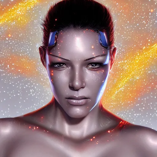 Prompt: cyborg sweating, big drops of sweat, forehead only, by Hajime Sorayama, airbrush art, beautiful face, highly realistic, star flares, trending on artstation, beautiful lighting, sharp, details, hyper-detailed, HD, HDR, 4K, 8K