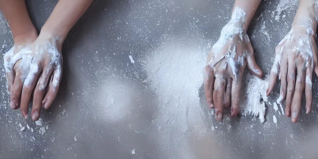 Image similar to beautiful hands, fingers intertwined, covered in white paint, dripping paint, shoulders, skin