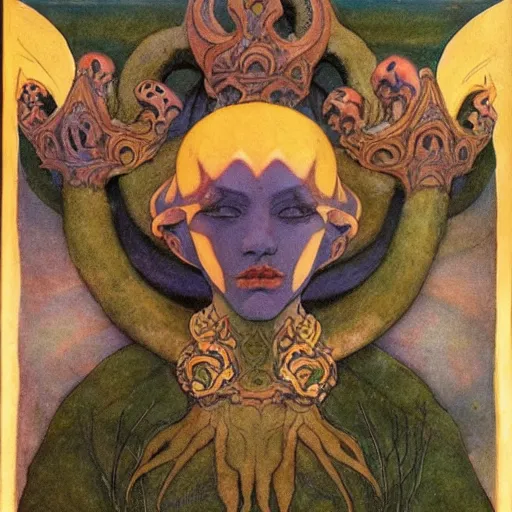 Image similar to the tentacle crown, by Annie Swynnerton and Nicholas Roerich! and (((Edmund Dulac))), bioluminescent skin, tattoos, elaborate costume, geometric ornament, symbolist, rich colors, dramatic lighting, smooth, sharp focus, extremely detailed