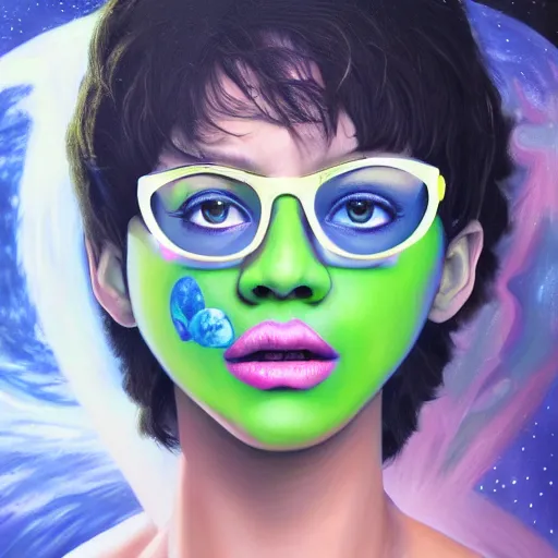 Image similar to hyperdetailed portrait of jade from homestuck floating in space between stars and planets, hyperrealism, detailed, oil painting