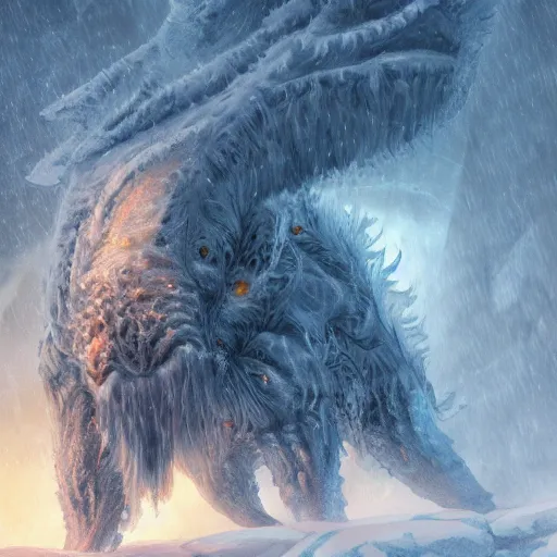 Image similar to A monster in the Arctic covered in snow, fractal Lighting, by Stanley Artgerm Lau, WLOP, Rossdraws, James Jean, Andrei Riabovitchev, Marc Simonetti, and Sakimichan, trending on artstation