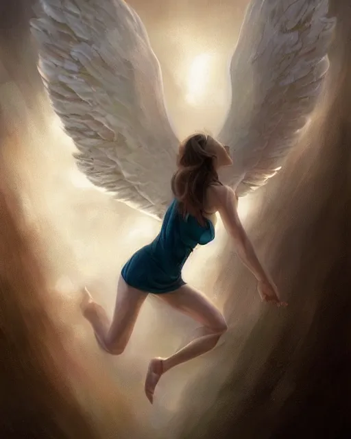 Image similar to woman turning into an angel levitating off the ground, by randy vargas and by bayard wu, art station, smooth, focus