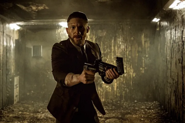 Image similar to film still of Tom Hardy as Max Payne in a creepy funhouse in the Max Payne movie, 4k