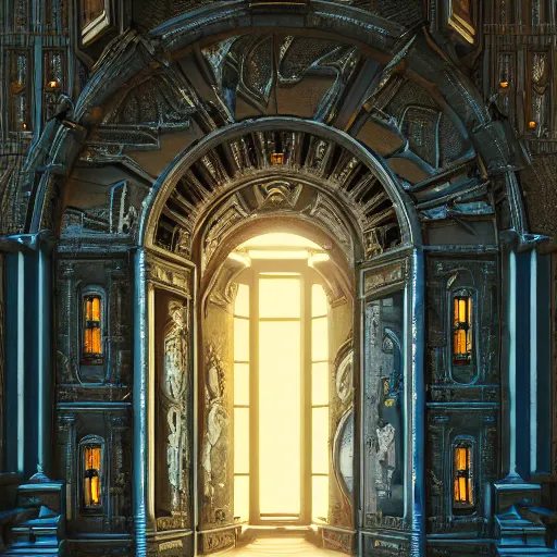 Prompt: carved futuristic door at the end of ornate steps shows a large window to a city detailing the vast architectural scientific ancient and cultural acheivements of humankind, magical atmosphere, renato muccillo, andreas rocha, johanna rupprecht, beardsley, octane render, cinematic blue and gold