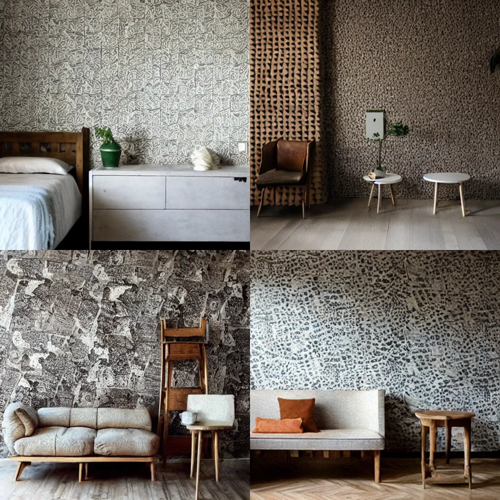 Prompt: furniture made of rough wallpaper, floor made of rough wallpaper, wall made of rough wallpaper