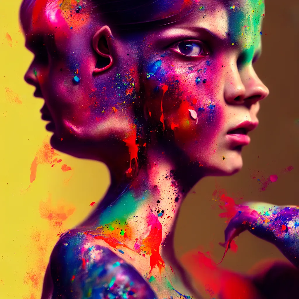 Image similar to , side portrait of a female artist in her workshop, moody, warm light, multicolor paint splatters on skin, cyborg hands, artstation, octane render