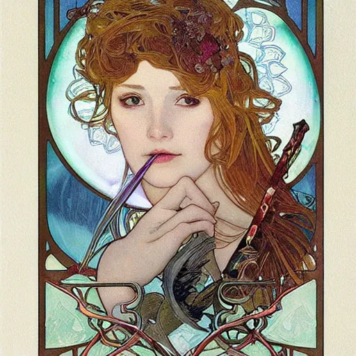 Prompt: realistic detailed face portrait of a bird holding a knife with its beak or wings in the middle of a playing card by Alphonse Mucha, Ayami Kojima, Amano, Charlie Bowater, Karol Bak, Greg Hildebrandt, Jean Delville, and Mark Brooks, Art Nouveau, Neo-Gothic, gothic, playing cards, rich deep moody colors that are related to water