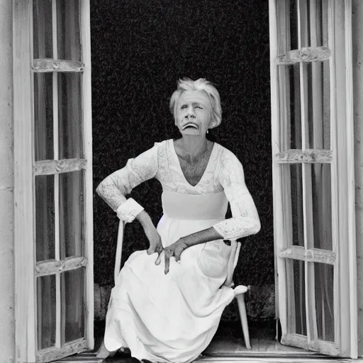 Prompt: A beautiful body art of of a woman with long curly hair, wearing a white dress and sitting in a chair in front of a window with a view of a mountainside. Tove Jansson by William Wegman harrowing