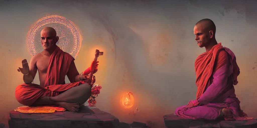 Image similar to indi gods india monk, colorful, contrast, 3 d scene, greg rutkowski, zabrocki, karlkka, jayison devadas, trending on artstation, 8 k, ultra wide angle, zenith view, pincushion lens effect