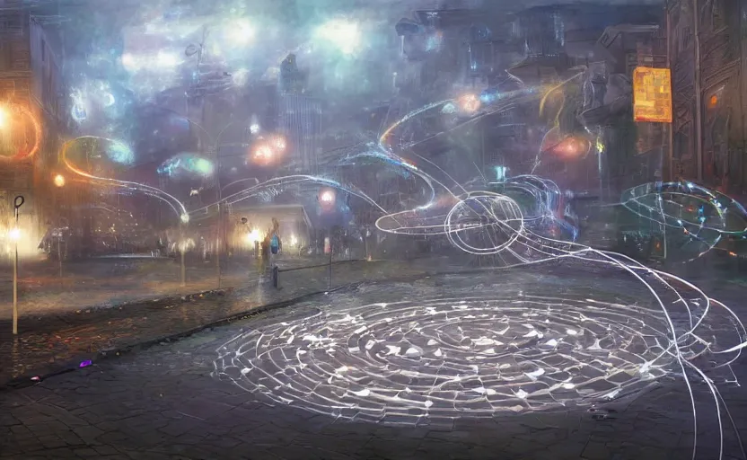 Image similar to pepople and a spiral - shaped white luminous attractor is floating on the ground in soviet city, concept art, art for the game, professional lighting, art painted by jehronym bosch