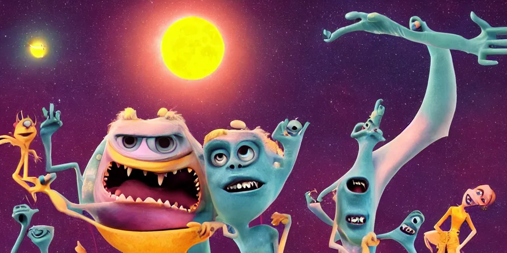 Prompt: total solar lunar eclipse occult monsters inc dance ritual, detailed facial expression, surrealism aesthetic