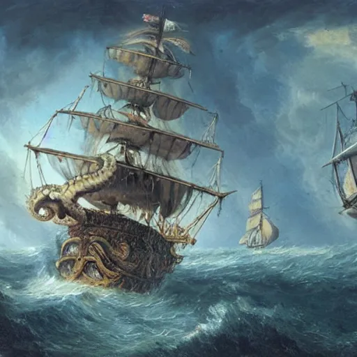 Image similar to a sea kraken attacking a galleon