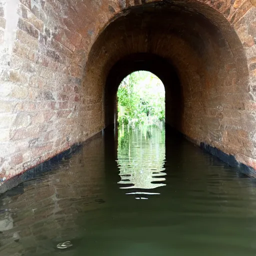 Prompt: flooded tunnel with arched ceilings and doorways, natural light,