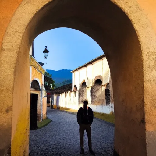 Prompt: a picture of a man standing in front of an arch in antigua guatemala at night