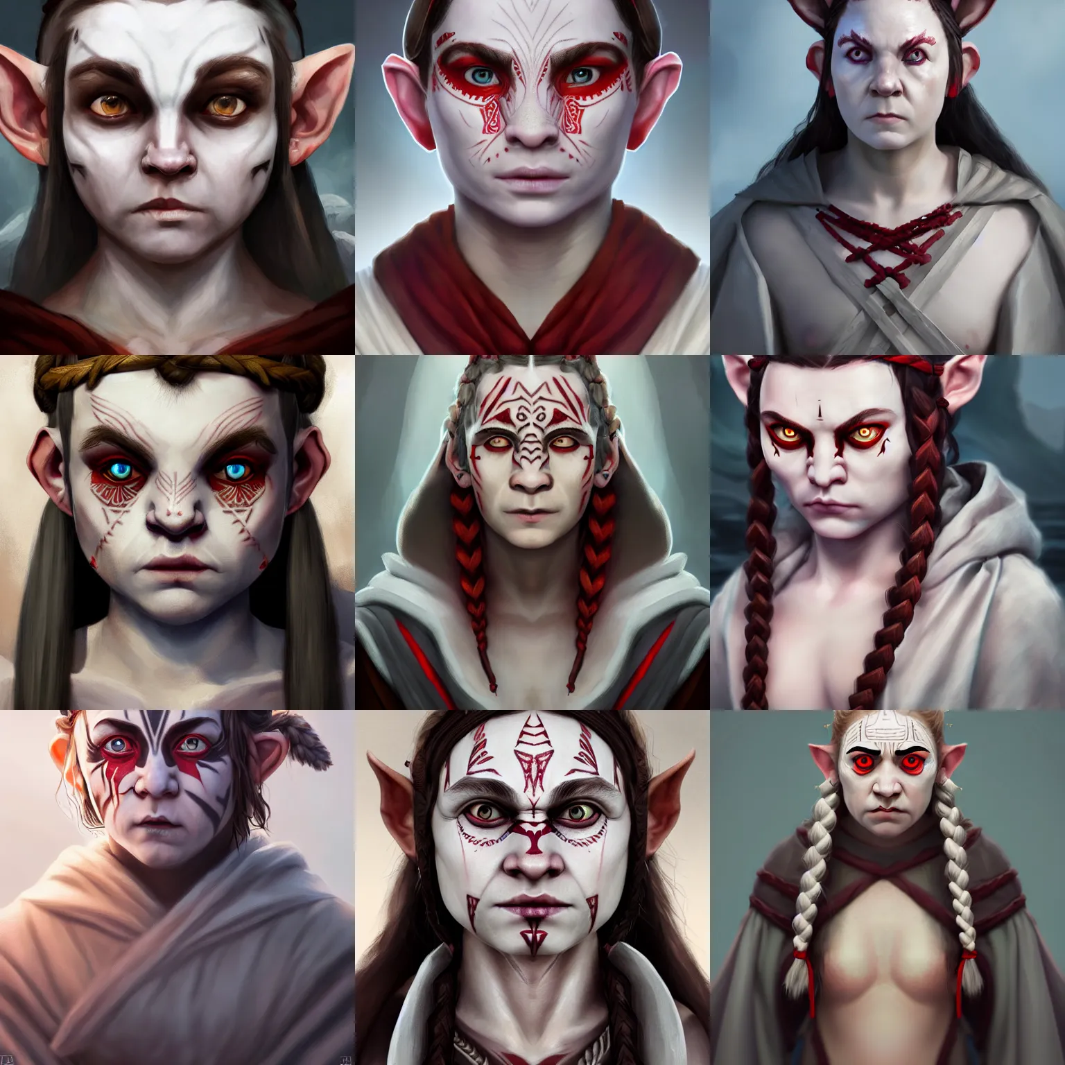 Prompt: dnd avatar portrait of halfling, strange geometric facial tattoos, grey robe, pale - white skin, red eyes, white braided hair, tired haunted expression, artstation, low angle oil painting composition laws, cinematic lighting, hyper - detailed 8 k