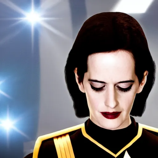 Image similar to a full body photograph of 3 0 year old eva green as a star fleet officer from star trek next generation, ultra rendered, extreme realism and detail, 8 k, completely framed, hyper realistic, direct lighting, 3 5 mm photo, photorealistic, sharp focus