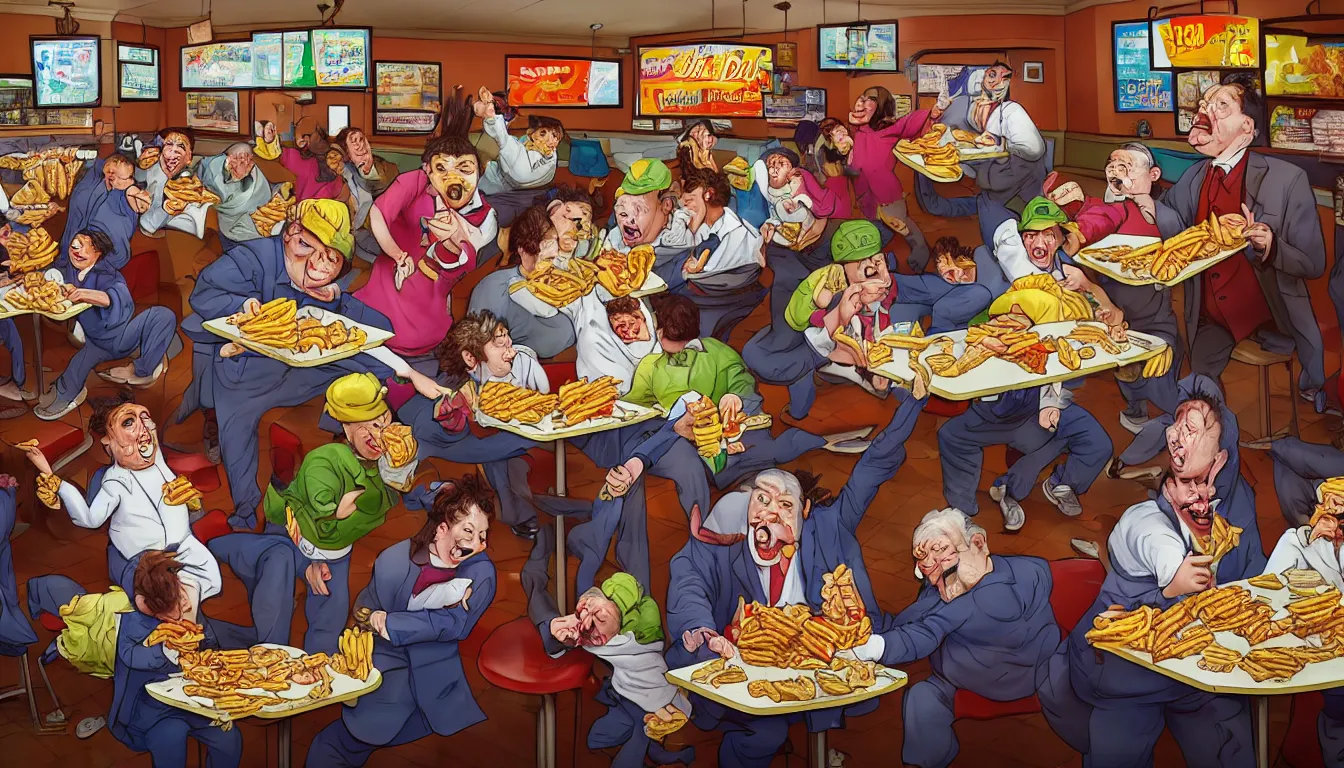 Image similar to in a dirty fast food restaurant disheveled children in rags obese men in suits and old people fighting over piles half eaten rotting fast food, money floats in the air, hyper realistic photo, full colour, upscale, 8 k, masterpiece,