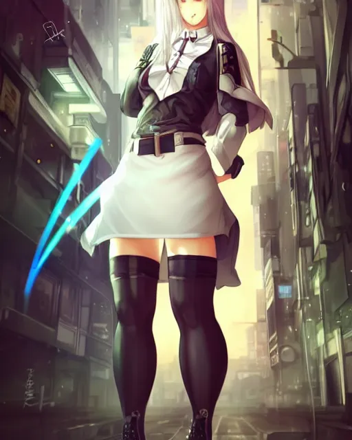 Image similar to The successful warrior is the average man, with laser-like focus, artwork by artgerm, anime, cyberpunk streets in Japan, elegant, seductive, long white hair, knee high socks, extra short blue plaid skirt, white blouse, army boots, full shot, wide-shot, long-shot, fantasy, mystical, magical