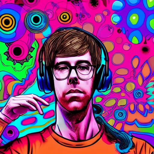 Image similar to artgerm, psychedelic ben folds, rocking out, headphones dj rave, digital artwork, r. crumb, svg vector