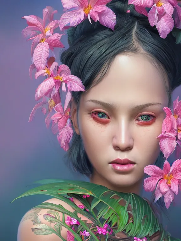 Image similar to beautiful portrait of a Subtropics minority female wearing fantastic costume, pigtail,subtropical plants,subtropical plants flowers,intricate, elegant, highly detailed, dim volumetric lighting, 8k,octane,post-processing,digital painting, trending on artstation, concept art, smooth, sharp focus, illustration,by Tom Bagshaw and Daniel Gerhartz and Albert Aublet and Lawrence Alma-Tadema and alphonse mucha