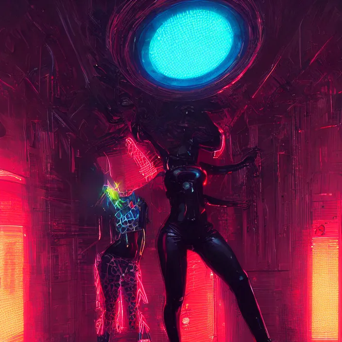 Image similar to african domme mistress, futuristic, ebony, rubber suit, spikes, bright surrounding, neon lights, smooth, concept art, realistic painting, digital art by greg rutkowski, by junji ito