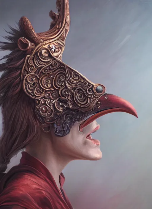 Prompt: a beautiful detailed oil on copper art illustration of a japanese tengu mask with big nose woman, elongated nose, centered, by charlie bowater, zeng fanzh, trending on artstation, dim dusk lighting, cinematic lighting, detailed lighting, volumetric lighting, realistic, f 8, 4 k hd wallpaper