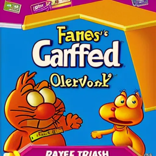 Prompt: Garfield's photo on the videogame box art for phasmophobia