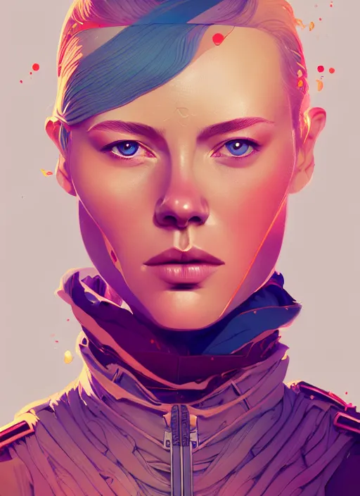 Prompt: portrait of beautiful nordic woman, military personnel, blue eyes, artstation winner by victo ngai, kilian eng and by jake parker, by conrad roset, swirly vibrant color lines, winning award masterpiece, fantastically gaudy, aesthetic octane render, 8 k hd resolution