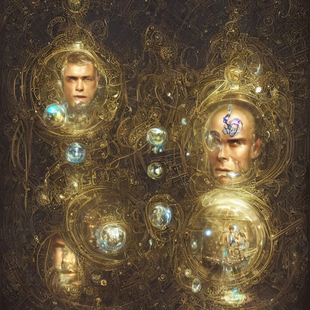 Prompt: a face man, half soap bubble mind, half symetrical highly detailed ornate with jewels and precious metals futuristic, sandman kingdom, outside view from half castle kingdom of dreams, space ships, hiperrealistc, global illumination, radiant light, cosmic detailed and intricate environment, silver, bronze, rubi, emerald, sapphire, aquamarine, art by andreas achenbach