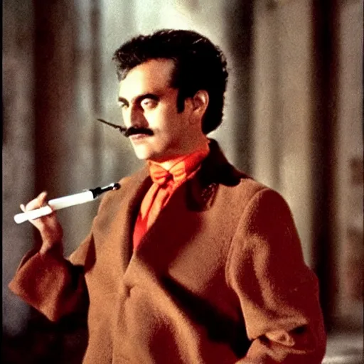 Image similar to Mario smoking a cigarette in a spooky Federico Fellini film aesthetic!!!