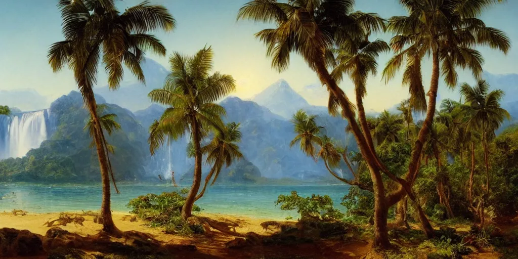 Prompt: a beautiful landscape painting of a tropical island with waterfall and palm trees, hot summer sun, by frederic edwin church, oil on canvas, highly detailed, hd, 4 k