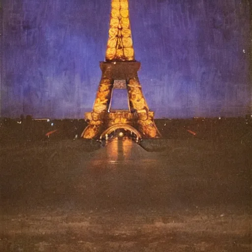 Image similar to mona lisa visiting the eiffel tower at night