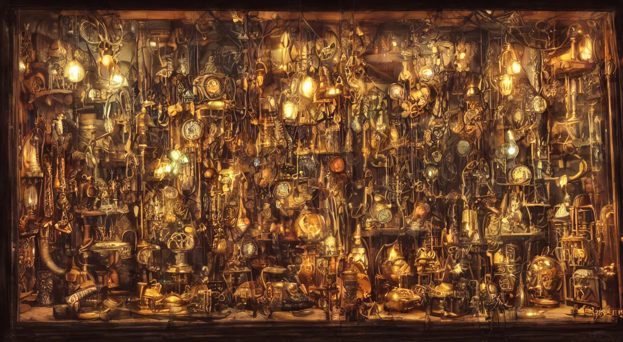 Image similar to steampunk shop window by don bluth, darkness, neon lights, photo realistic, completely filled with interesting oddities, things hanging from ceiling, light bulbs, cinematic