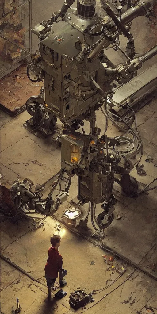 Prompt: a boy fixing his robot, part by Norman Rockwell, part by Greg Rutkowski , !!part by Mattias Adolfsson!!, high angle, volumetric lighting!!, oil on canvas