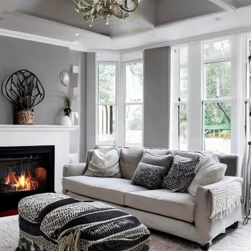 Image similar to cozy living room, grey walls, white ceiling, fireplace, medallion area rug, left hand sofa & chaise