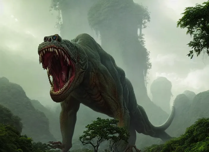 Image similar to giant monstrous aggressive scaled creature screaming at the camera, in the background a jungle, epic science fiction horror digital matte painting by Moebius and Mark Brooks (and Greg Rutkowski), extremely detailed, artstation