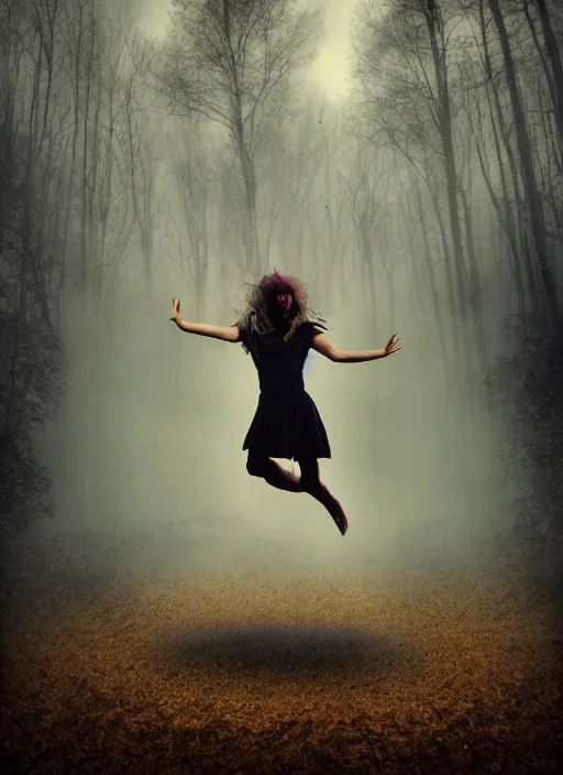 Image similar to an angry girl floating in the sky at night giving a creepy feel, the girl is screaming, dark background, fog, forest, horror, extremely realistic and highly detailed, soft light, gold ratio