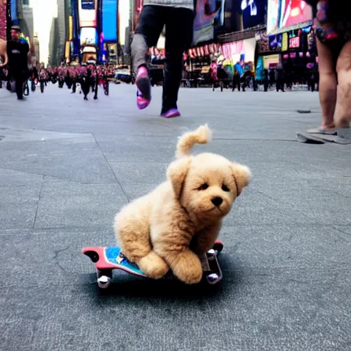 Image similar to a teddy puppy on a skateboard in times square