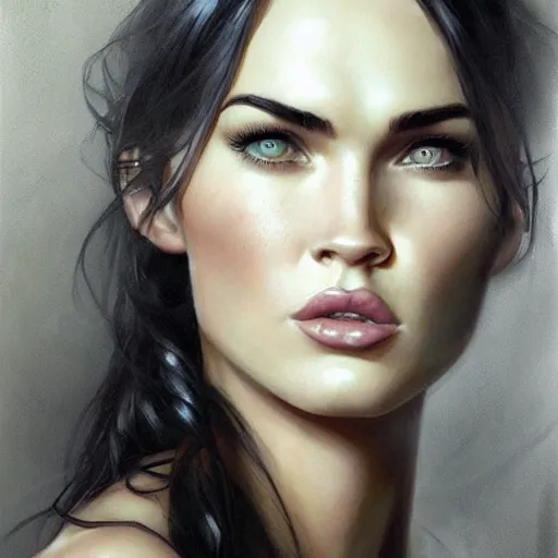 Image similar to portrait of younger Megan Fox, 2008, fantasy, intricate, elegant, highly detailed, digital painting, artstation, concept art, smooth, sharp focus, illustration, art by artgerm and greg rutkowski and alphonse mucha