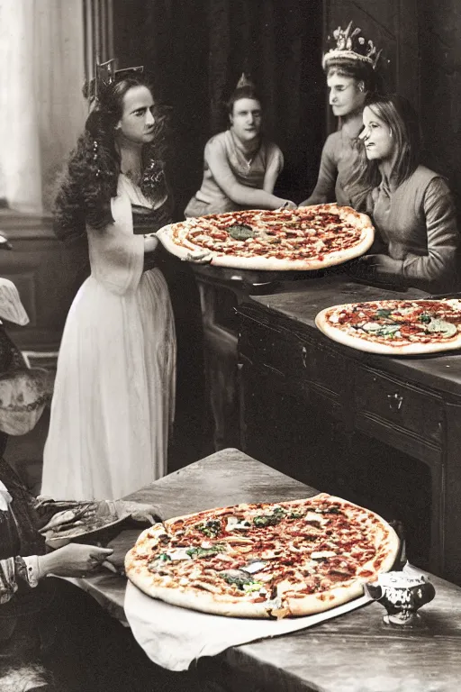 Image similar to historical photo of queen margherita ( savoy ) sharing a pizza! margherita with her friends, full body, portrait photo, diffuse light, acclaimed masterpiece
