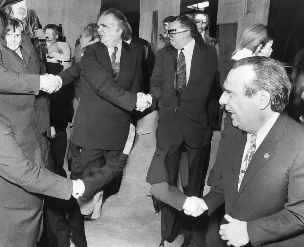 Image similar to Eric Cartman shaking hands with Richard Nixon, close-up photograph