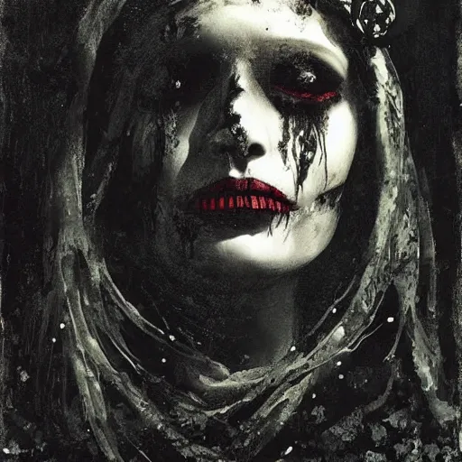 Image similar to close up portrait of a scandinavian rotting corpse zombie female with a veil and crown, satanic kvlt by peder balke by peder balke by greg rutkowski, by guido crepax by norman bluhm mystic high contrast monochromatic noir angst pagan magic symbols