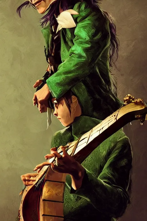 Image similar to Breathtaking comic book style of Johny Depp portrayed as a Dungeons and Dragons bard, playing the lute and wearing a pale green jacket in the style of ilya kuvshinov