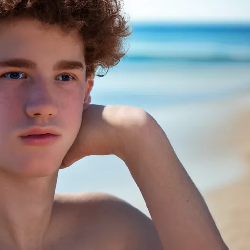 Prompt: beautiful teenage boy with pale skin amd natural hair is looking for something in the sand on the beach. Blue sky. Detailed face. Photo 8K.