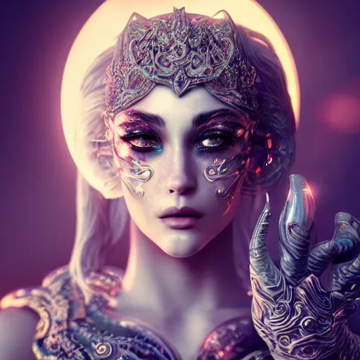 Image similar to portrait of moon sorceress, beautiful, attractive, glowing, ornate and intricate, jaw dropping, dynamic lighting, dark, menacing, intricate and detailed, 4 k octane render, age 2 0